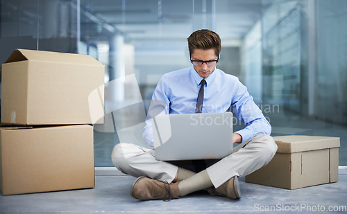 Image of Moving box, office laptop and man typing business report, statistics analysis or search online, internet or website info. Relocation, cardboard boxes and male businessman, employee or person working