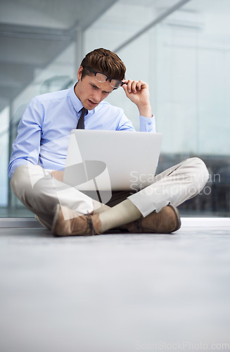 Image of Laptop problem, office floor and man stress over finance report, feedback statistics or financial loss. Research, stock market crash and confused person reading bad data, business insight or review