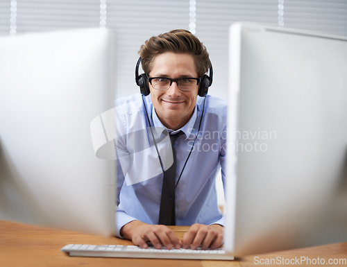 Image of Computer, office portrait and happy man, business agent or consultant working project, software system or tech report. Programmer, cybersecurity developer and person listening to music while coding