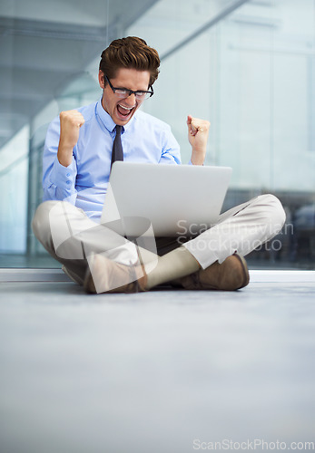 Image of Laptop, office celebration and happy man excited for winning, notification or company investment success. Winner, achievement and male person screaming, wow and celebrate online news announcement