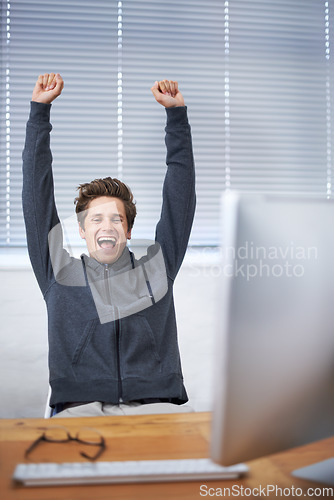 Image of Computer, office portrait and happy man excited for winning notification, growth or company sales success. Winner, achievement and male person screaming, wow and celebrate online news announcement