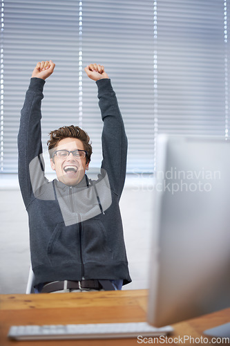 Image of Computer, celebration portrait and happy man, business agent or consultant excited for winning, notification or success. Winner, cheers and person celebrate wow news, achievement or done with project