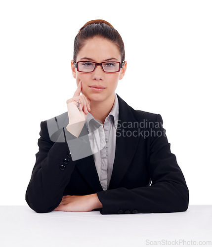 Image of Portrait, serious and business woman with attitude in studio, confident and professional against a white background. Face, assertive and female office worker posing with empowered, mindset and focus