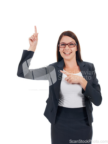 Image of Portrait, happy and business woman pointing at mockup space, retail promotion or discount notification. Smile, corporate presentation gesture and female brand ambassador on studio white background