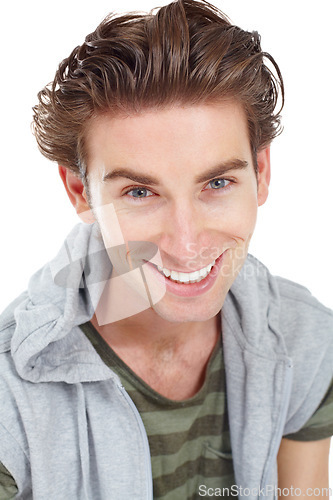 Image of Smile, cool and portrait of man in studio for confidence, pride and satisfaction. Happiness, natural and positive with face of German male model isolated on white background as a friendly guy