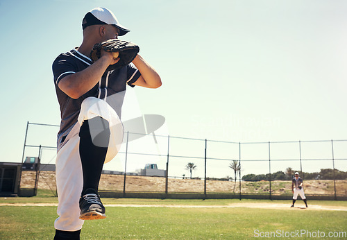 Image of Throw, sports and baseball with man on field for competition, training and games. Action, exercise and championship with male athlete throwing in stadium park for fitness, pitch and club