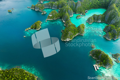 Image of Nature, drone view and ocean with greenery on a tropical island at a summer vacation resort. Environment, lake water and aerial view of outdoor sea with forestry mountains and plants in environment.