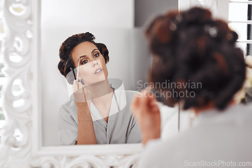 Image of Eyebrow brush, mirror reflection and woman with cosmetics application, natural skincare glow or luxury facial makeup. Wellness, skin treatment and relax person prepare for wedding in house bedroom