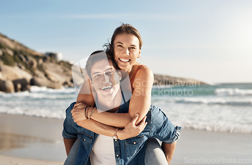 Image of Young couple, portrait and piggyback at beach in summer sunshine with love, romance and bonding with travel. Man, woman and happy with hug, ocean waves and smile in nature, outdoor and vacation