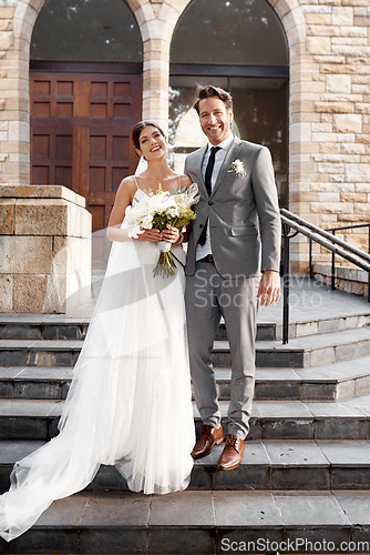 Image of Church steps, wedding and portrait with a married couple standing outdoor together after a ceremony of tradition. Love, marriage or commitment with a man and woman outside, happy as bride and groom