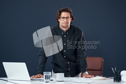 Image of Portrait, serious and business man, architect and professional in office mockup. Glasses, engineer and confident face of male person from Australia with success mindset, pride for career or job.