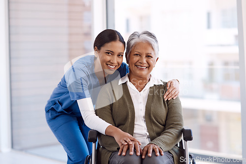 Image of Portrait, smile and nurse with a senior woman in a wheelchair, care and rehabilitation. Face, happy female person and eldery lady with a medical professional, recovery and person with a disability