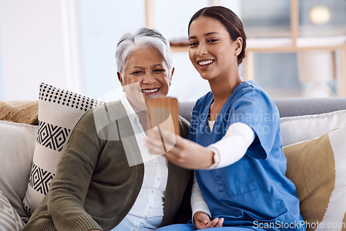 Image of Nurse, selfie and old woman in nursing home with smile or happiness for profile pictures or retirement. Women, photography or happy caregiver relaxing or smiling with elderly person for wellness