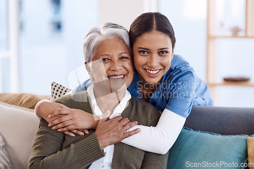 Image of Portrait, happy and nurse hug old woman in retirement house, bonding and medical care. Face, hugging and elderly person with caregiver in nursing home on living room sofa for health, support or help.