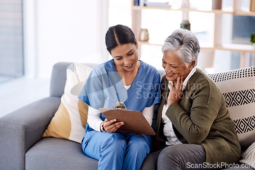 Image of Nurse, clipboard and senior woman with insurance for home and support with a smile on a couch. Nursing professional, documents and elderly person with caregiver for medical help for retirement.