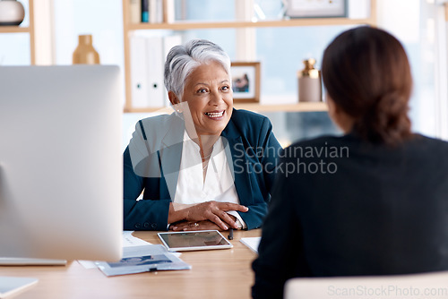 Image of Meeting, talking or senior manager in job interview with business women in b2b negotiation discussion. Partnership collaboration, recruitment or lady speaking to hr management for hiring opportunity