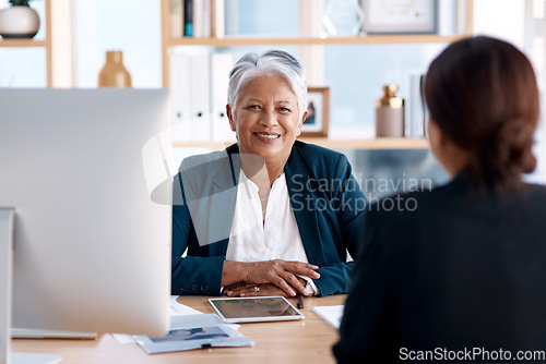 Image of Meeting, recruitment or senior manager in job interview with business women talking in b2b negotiation. Partnership, collaboration or person speaking to happy hr management for hiring opportunity