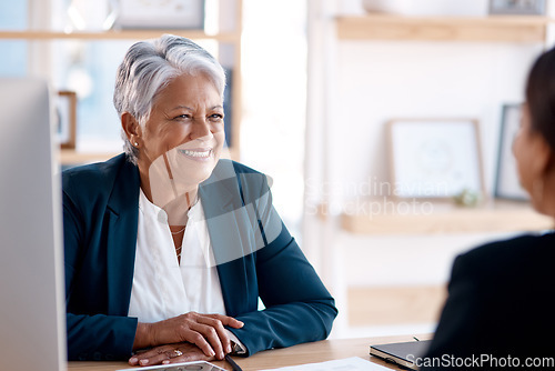 Image of Meeting, laughing or senior manager in job interview with businesswoman talking in b2b negotiation. Happy smile, recruitment or funny person speaking to hr management for hiring opportunity in office