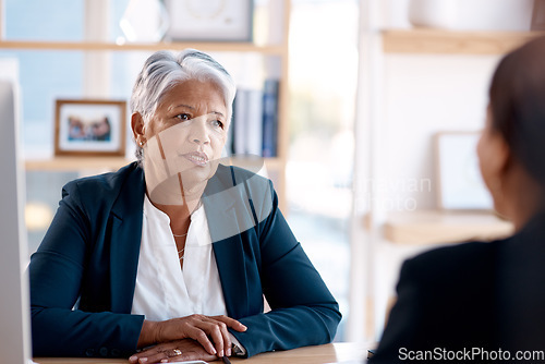 Image of Meeting, discussion or senior manager in job interview with businesswoman talking in b2b negotiation. Partnership, recruitment or person speaking to hr management for hiring opportunity in office