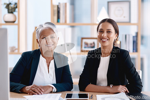 Image of Teamwork, corporate or portrait of women working on a project together in collaboration or modern office. Diversity, smile or happy business people planning a company b2b strategy in the workplace