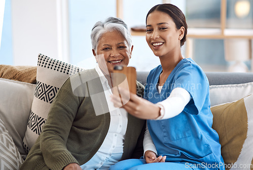 Image of Caregiver, selfie or old woman in nursing home with smile or happiness for profile pictures or retirement. Women, photography or happy nurse relaxing or smiling with elderly patient for wellness