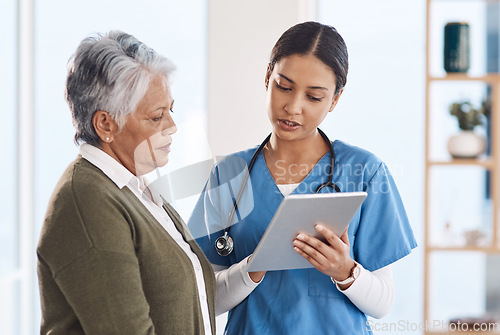 Image of Healthcare, senior woman or doctor with tablet, patient or conversation with connection. Female person, employee or medical professional with mature lady, telehealth or support with diagnosis