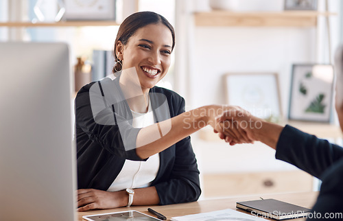 Image of Onboarding, recruitment or business woman with a handshake in job interview for negotiations. Partnership, b2b collaboration or happy hr manager shaking hands in contract agreement in office meeting