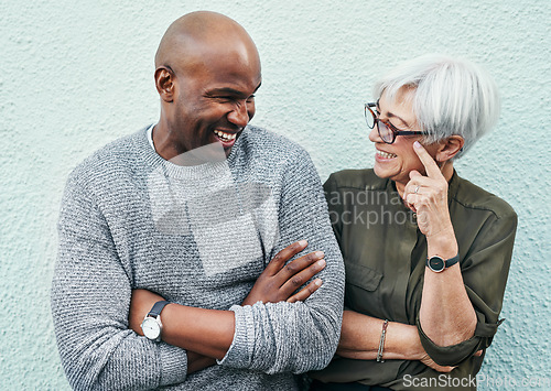 Image of Elderly, business and friends on wall in the outdoor have conversation about work. Creative, team and working together with white background and talking with smile about people and startup career