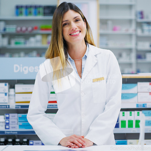 Image of Pharmacy service, pharmacist portrait and happy woman in drugs store, pharmaceutical supplements or healthcare shop. Hospital dispensary, medicine product shelf and medical person for clinic services