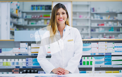 Image of Pharmacy portrait, happy pharmacist and woman in drugs store, pharmaceutical service or healthcare shop. Hospital retail dispensary, medicine product shelf and medical person for clinic support help