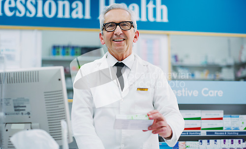 Image of Pharmacy product, pharmacist and senior man at cash register for sale of pharmaceutical, supplements or pills. Hospital retail dispensary, drug store medicine and medical person for clinic support