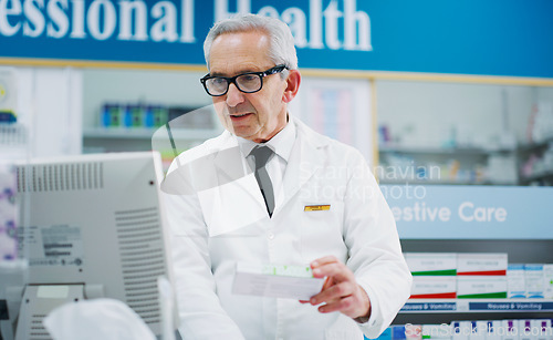 Image of Pharmacy product, cash register and senior man process sale of pharmaceutical, supplements or pills box. Retail pharmacist, drug store medicine and medical person enter prescription package data