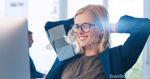 Image of Relax, computer and a business woman done with work for the day in her office with her hands behind her head. Happy, flare and complete with a young female employee working online using a desktop