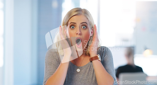 Image of Wow, surprise and portrait of a woman at work with bad news, announcement or stress in an office. Corporate, young and a female employee with a shocked facial expression for a company problem