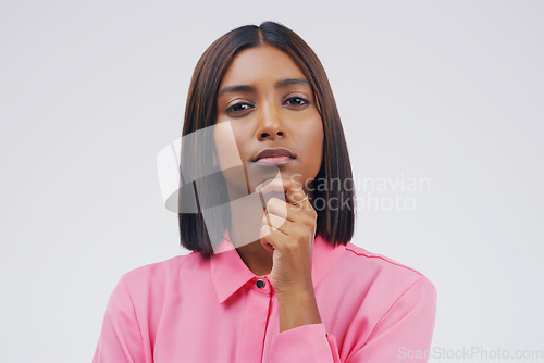 Image of Business woman, portrait and thinking for idea, decision or choice against a white studio background. Isolated thoughtful female person in doubt, ideas or wondering for question or remember on mockup