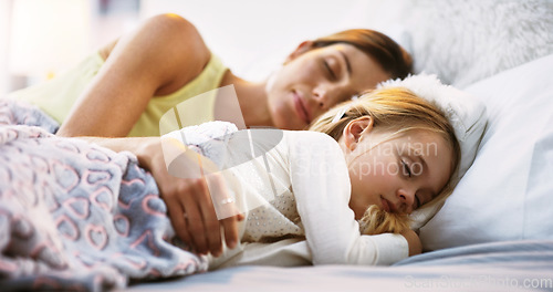 Image of Relax, sleep and a mother in bed with her daughter in the morning while dreaming in their home together. Family, kids and a woman sleeping in the bedroom with her young female child for peaceful rest