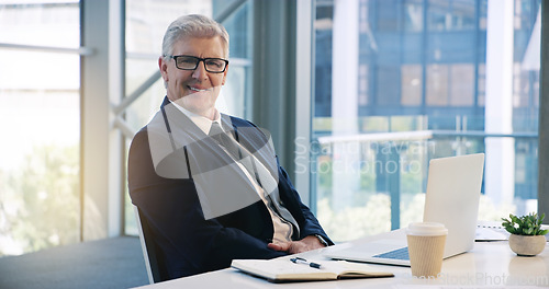 Image of Portrait, smile and business man, ceo or professional in office working on laptop. Glasses, senior face and male executive, entrepreneur or lawyer from Australia in workplace with pride for career.