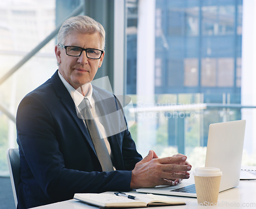 Image of Professional businessman, portrait and in office with a laptop for communication and connectivity. Corporate, company and a manager or boss of an agency with a pc for networking and internet at work