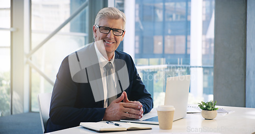 Image of Businessman smile, portrait and in an office with a laptop for communication and connectivity. Corporate, company and a manager or boss of an agency with a pc for networking and internet at work