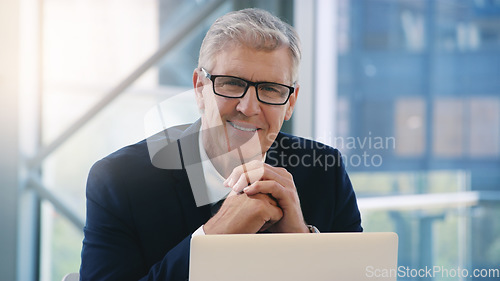 Image of Portrait, laptop and business man, ceo or professional in office workplace. Face, glasses and happy male executive, senior entrepreneur or director from Australia with pride for career and confidence