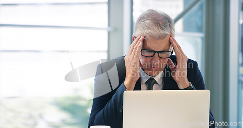 Image of Business, employee and man with a headache, laptop and connection with glitch, tired and burnout. Male person, entrepreneur and ceo with a pc, technology and migraine with a project and overworked