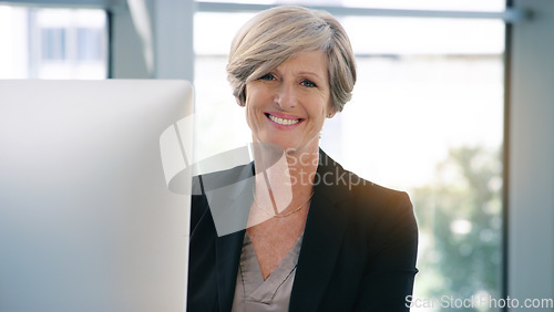 Image of Portrait, computer and business woman, ceo or professional in office workplace. Face, glasses and smile of female executive, senior entrepreneur or director from Canada with success mindset for job.