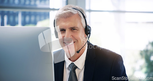 Image of Video call, computer and portrait with a business old man using a headset in the office for an online meeting. Virtual, smile communication with a happy manager or CEO in a virtual training workshop