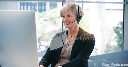 Image of Call center, smile and a woman with a computer for telemarketing, online support and advice. Happy, contact us and a female customer service agent on a pc for help, conversation and consultation