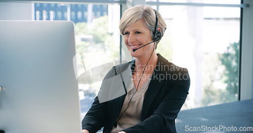 Image of Call center, consulting and a woman with a computer for telemarketing, online support and advice. Smile, contact us and a female customer service agent on a pc for help, conversation and consultation