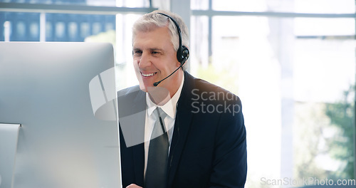 Image of Video call, computer and a senior business man using a headset in the office during a virtual meeting. Desktop, smile communication with a happy male manager or CEO in an online training workshop