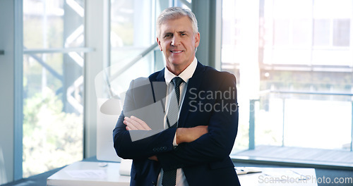 Image of Portrait, smile and business man with arms crossed in office workplace for success mindset. Face, senior ceo and male executive, entrepreneur and professional from Australia with confidence in career