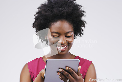 Image of Smile, tablet and black woman typing in studio isolated on white background mockup. Happy, technology and African female person with touchscreen for email, web scroll or browsing online social media.