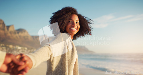 Image of Beach, love and woman holding hands with her boyfriend while on a summer vacation or weekend trip. Travel, outdoor and happy female person walking by the ocean with affection on a tropical holiday.