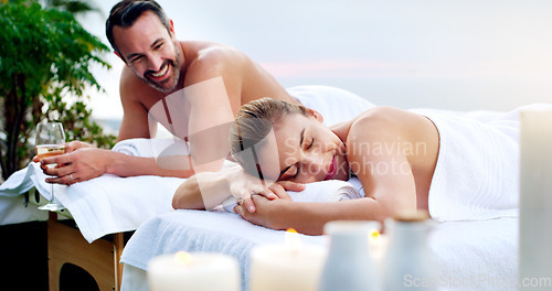 Image of Love, spa and couple outdoor for massage, vacation and resting on table on a zen balcony. Relax, peace and man with woman at a luxury resort for wellness, treatment or body therapy, candles and wine